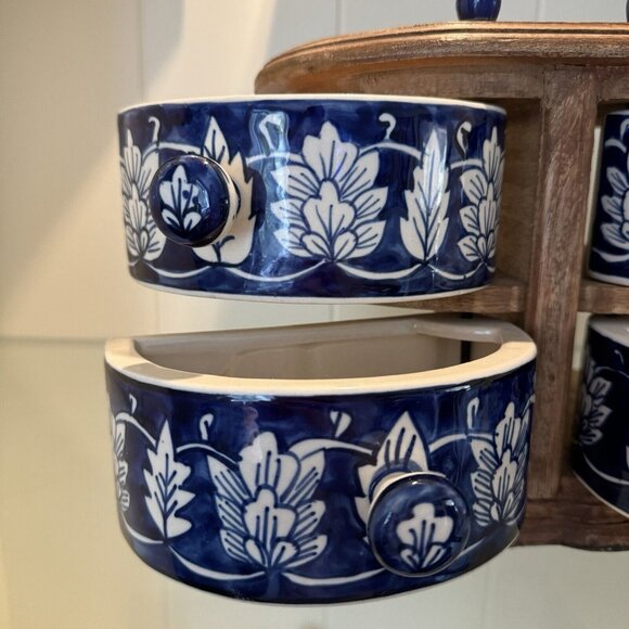 Apothecary Chest Latch Drawers Blue White Ceramic HEAVY Wood Bohemian Boho Decor - Picture 12 of 13